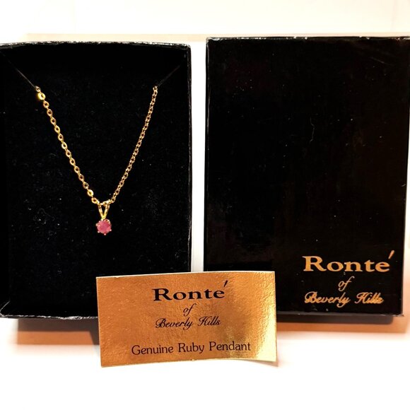 Vintage Ronte Beverly Hills Genuine Ruby Pendant Necklace 18” Gold Tone Chain - Picture 1 of 7